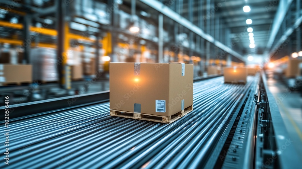 Poster boxes on a conveyor belt in a high-tech automated warehouse showcasing efficient logistics automated