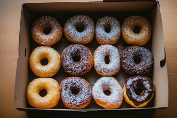 An open box of assorted freshly baked donuts with various toppings on a wooden table