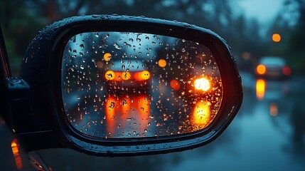 A rainy night scene reflected in a car's side mirror, showcasing blurred headlights and droplets on the glass, creating a moody atmosphere.