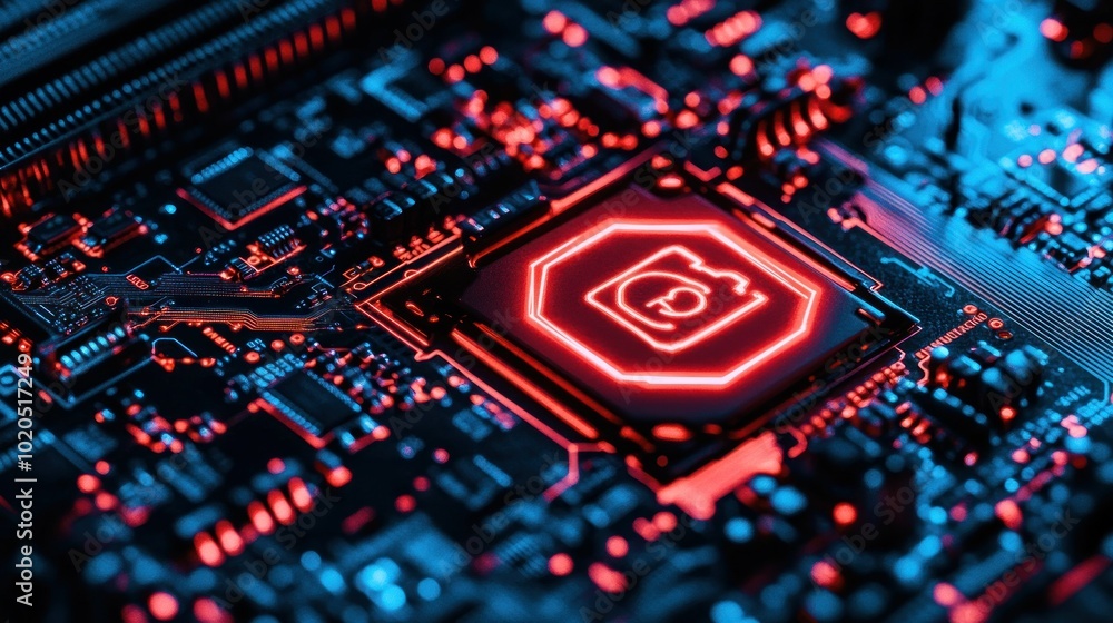 Poster a close-up of a circuit board with a red glowing bitcoin symbol