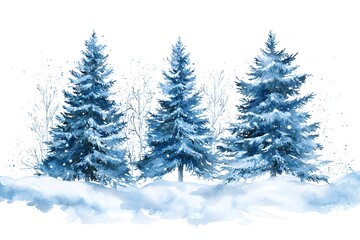 Three snow-covered evergreen trees stand majestically against a white backdrop, evoking a serene winter atmosphere.