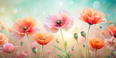 Floral background with silhouette poppy flowers in soft pastel colors