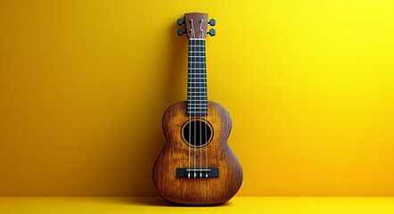 Fototapeta premium Acoustic Ukulele on Yellow Wall