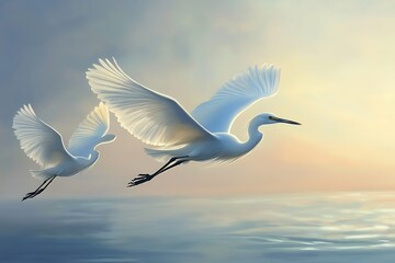Two elegant white birds in flight over a serene water surface at dawn.