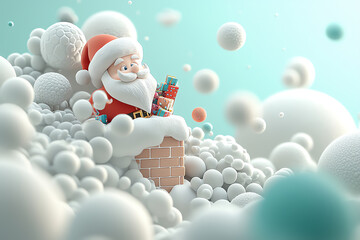 Santa Claus, halfway down a chimney with his sack of toys, snowcovered roof, 3D illustration