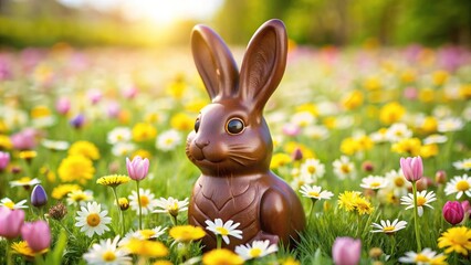 Floral chocolate Easter bunny in field of flowers