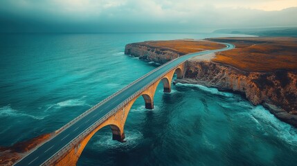 Stunning coastal bridge over blue ocean, winding highway view, breathtaking coastal route, ocean waves, scenic drive, remote location, adventure, travel destination, nature journey, travel spot
