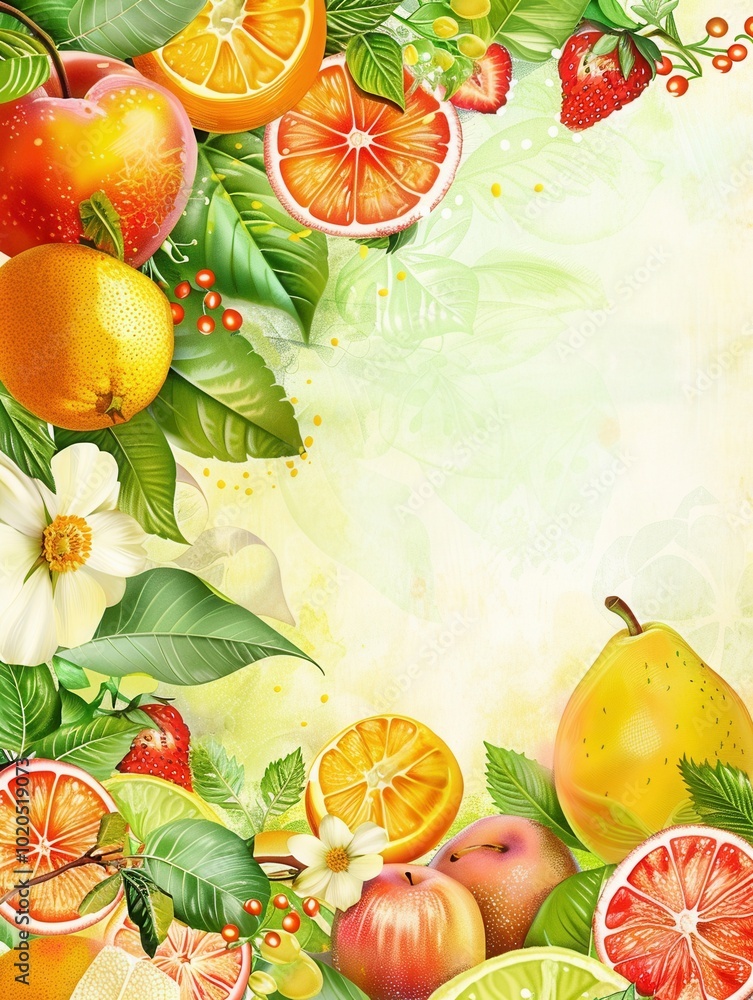 Poster a delightful arrangement features fresh fruits, including oranges and apples, alongside blooming flo