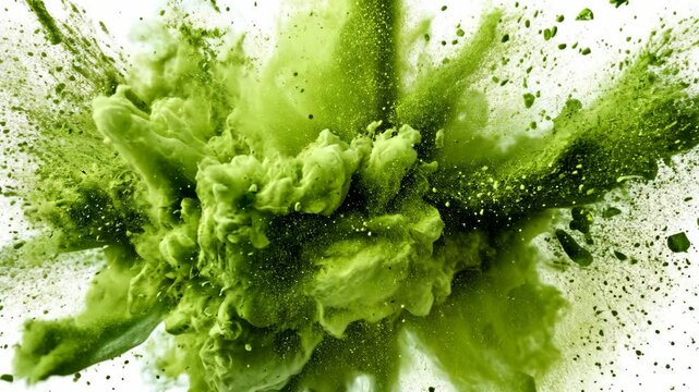 A green powder explodes in a burst of color against a white background
