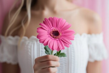 A woman in a white off-shoulder top holds a pink flower against a soft pastel background