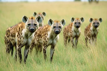  A group of hyenas standing together in a grassy landscape. © projek