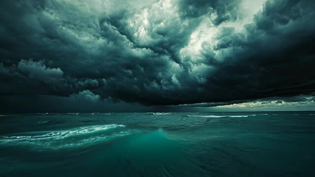 Dark clouds hang low over the ocean, threatening a storm