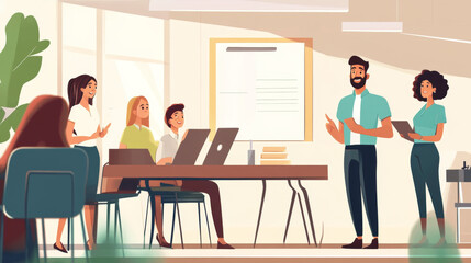 Inspiring Team Collaboration: Engaging Presentation in a Modern Office Setting with Diverse Professionals Cultivating Innovation and Creativity