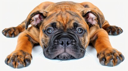 Obraz premium Adorable Bulldog Puppy Resting on White Background, Isolated Playful Pose and Expressive Face