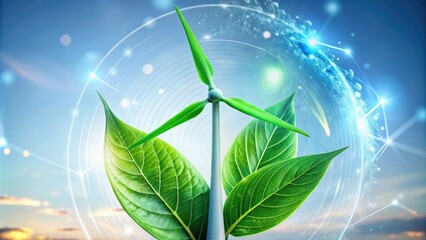 Innovative wind turbine and leaf designs symbolize clean energy, while holographic data and carbon footprint icons raise climate awareness and inspire sustainable living practices.