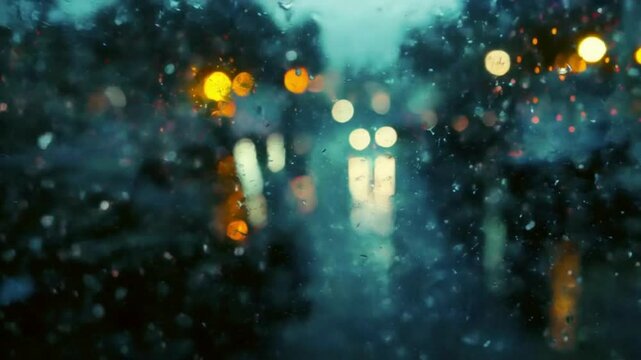 Raindrops on the window glass.