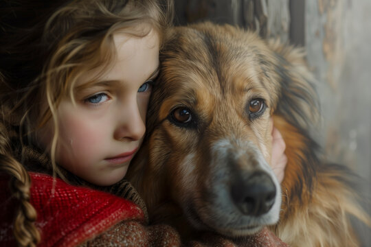 Ni&ntilde;a rubia abrazando a su perro.