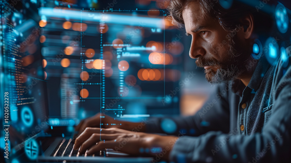 Poster representation of cybercrime, hacker attacks and darknet. person sits in dark, virtual environment