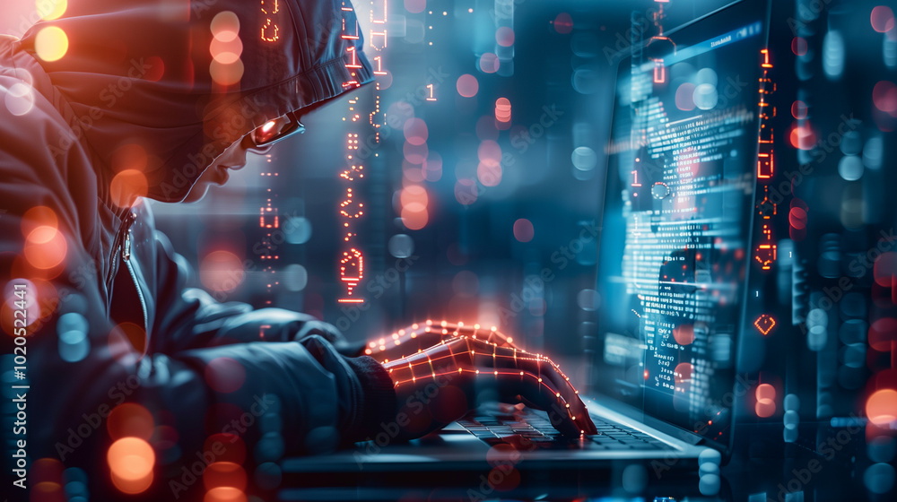 Poster representation of cybercrime, hacker attacks and darknet. person sits in dark, virtual environment