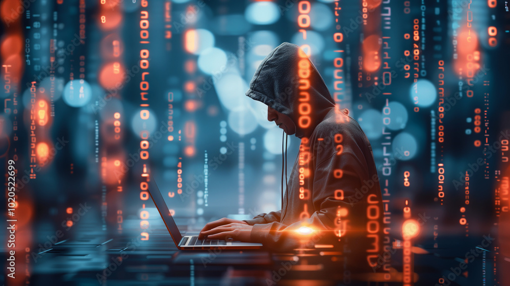 Poster representation of cybercrime, hacker attacks and darknet. person sits in dark, virtual environment