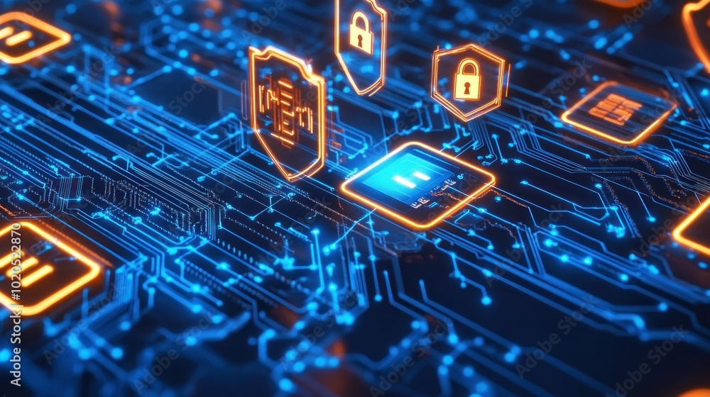 Poster cyber security concept with glowing lock and shield icons on circuit board