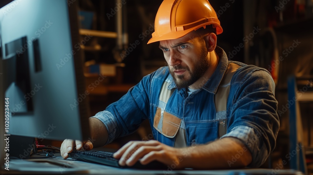 Poster construction worker analyzing project plans at a computer in a workshop during evening hours for saf