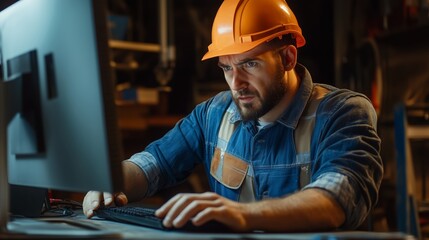 Construction worker analyzing project plans at a computer in a workshop during evening hours for safety improvements