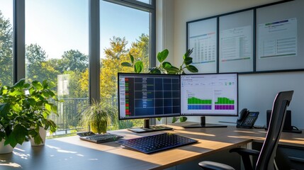 Fototapeta premium Modern office desk with two computer monitors displaying data and graphs