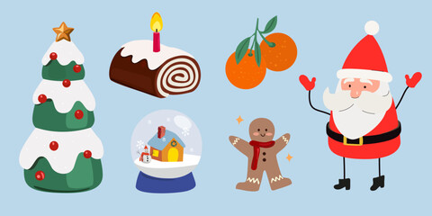 Fototapeta premium Christmas and New Year stickers in flat style. Christmas tree, sweet roll, christmas goodies, Santa Claus, tangerines, knitted gloves and socks. Attributes of the New Year holiday