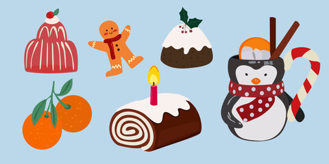 Christmas and New Year stickers in flat style. Christmas tree, sweet roll, christmas goodies, Santa Claus, tangerines, knitted gloves and socks. Attributes of the New Year holiday