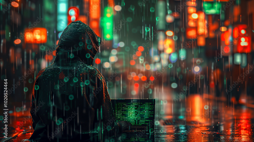 Poster representation of cybercrime, hacker attacks and darknet. gloomy person sits with laptop in dark urb