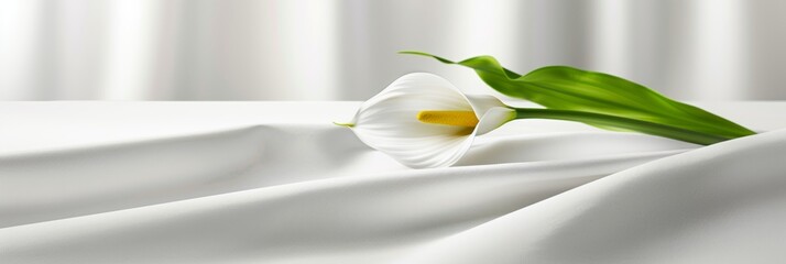 White calla lily flower on white silk or satin background with copy space, elegant and minimalistic.