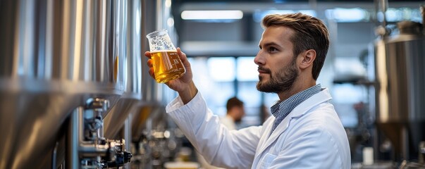 A skilled brewery worker in a lab coat examining a beaker of beer in a modern brewery environment