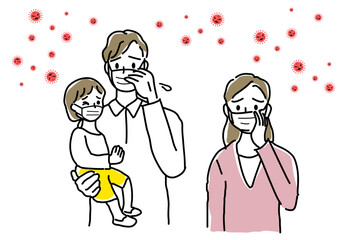 インフルエンザに感染した家族シンプル線画