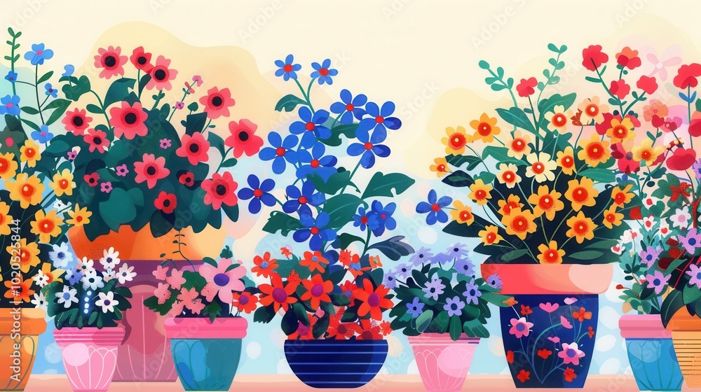 Aufkleber colorful flowers flourish in various decorative pots, creating a lively atmosphere perfect for brigh