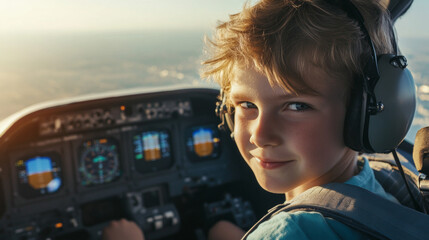 Inspiring Futures: Young Aspiring Pilot Captured in the Cockpit with a Glimpse of the Sky, Showcasing Dreams of Flight and Adventure