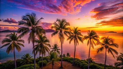 Obraz premium Palm trees bathe in the warm glow of evening sunlight on Magnetic Island, Australia, creating a serene and minimalist scene that captures natureâ€™s tranquil beauty.