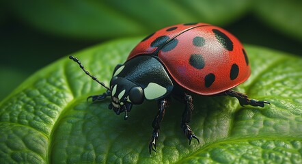 Fototapeta premium Close-up of Red Ladybug on Green Leaf
