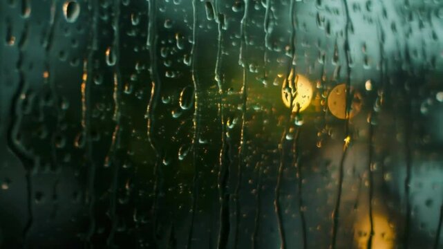 Raindrops on the window glass.