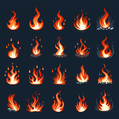 Collection of fire icons Different and bright icons of social networks with stones and firewood, smoke