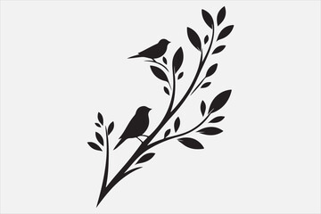 A tree branch with small leaves and two birds.