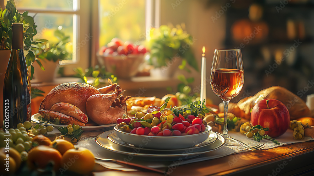 Wall mural festive thanksgiving dinner layout featuring delicious food and wine