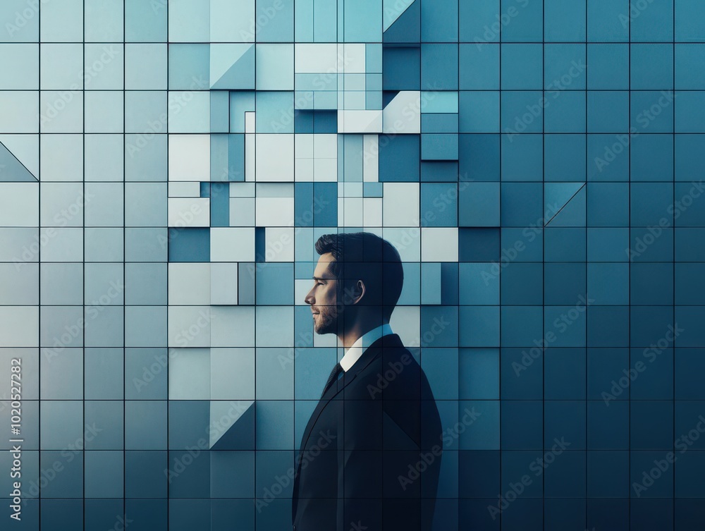 Aufkleber A businessman s shadow blending with the geometric patterns of a skyscraper facade, Futuristic, Dark tones, 3D Render
