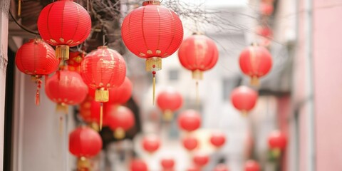 Fototapeta premium A street filled with red lanterns and festive decorations during Chinese New Year. A festive banner with space for copying.