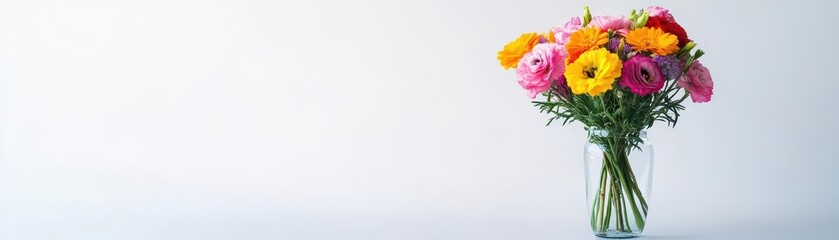 Obraz premium A bouquet of flowers in a glass vase, with the light casting both the vase s reflection and the flowers intricate shadow onto a white background