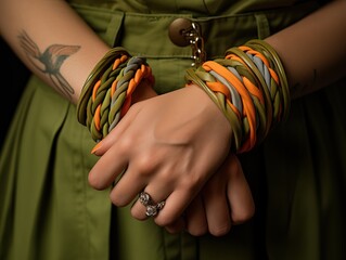 A woman wearing an olive green t-shirt and camouflage pants is holding two small colorful braided leather bracelets on her wrist, with the bracelet made of thin orange leather threads. The background 