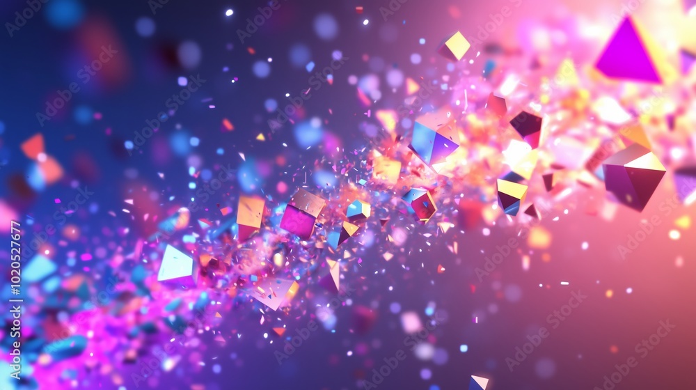 Poster colorful abstract geometric shapes and particles swirling in a vibrant array of light and color duri