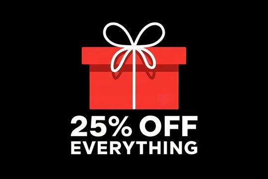 Bright red gift box with 25% off text on black background - Powered by Adobe