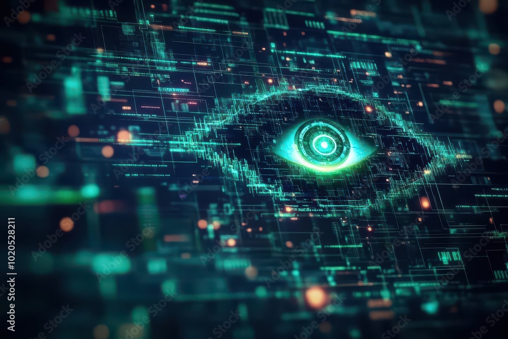 Poster a glowing eye emerging from a digital matrix background, futuristic, green and black, holographic ef