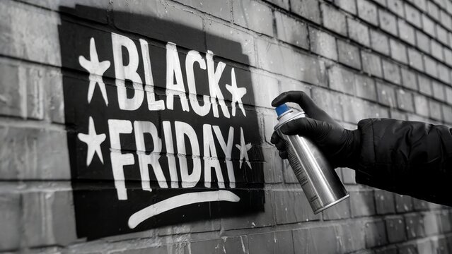 Monochrome black friday graffiti on brick wall with spray can in hand
